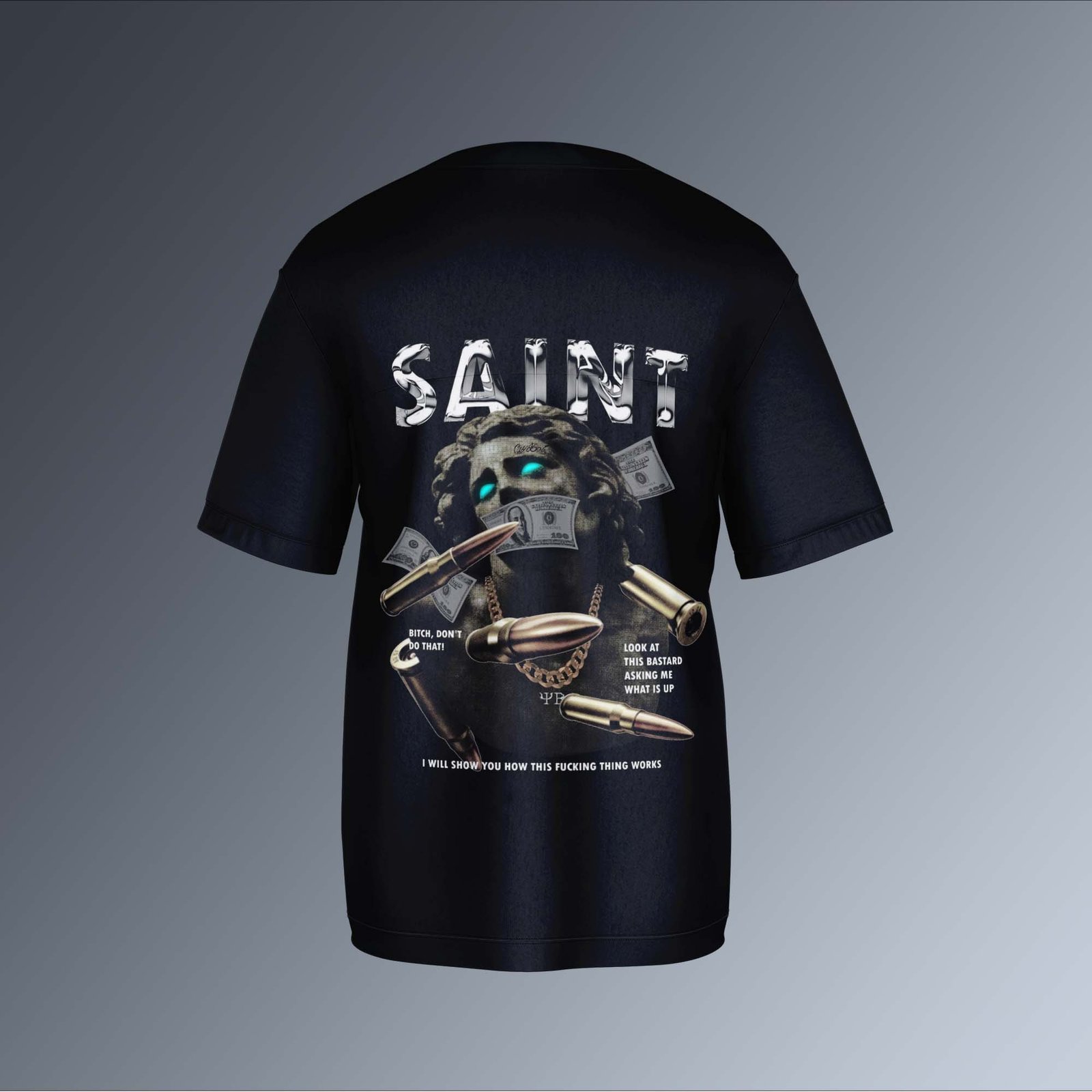 Black T-shirt with 'SAINT' Design by Triple9 Brand.